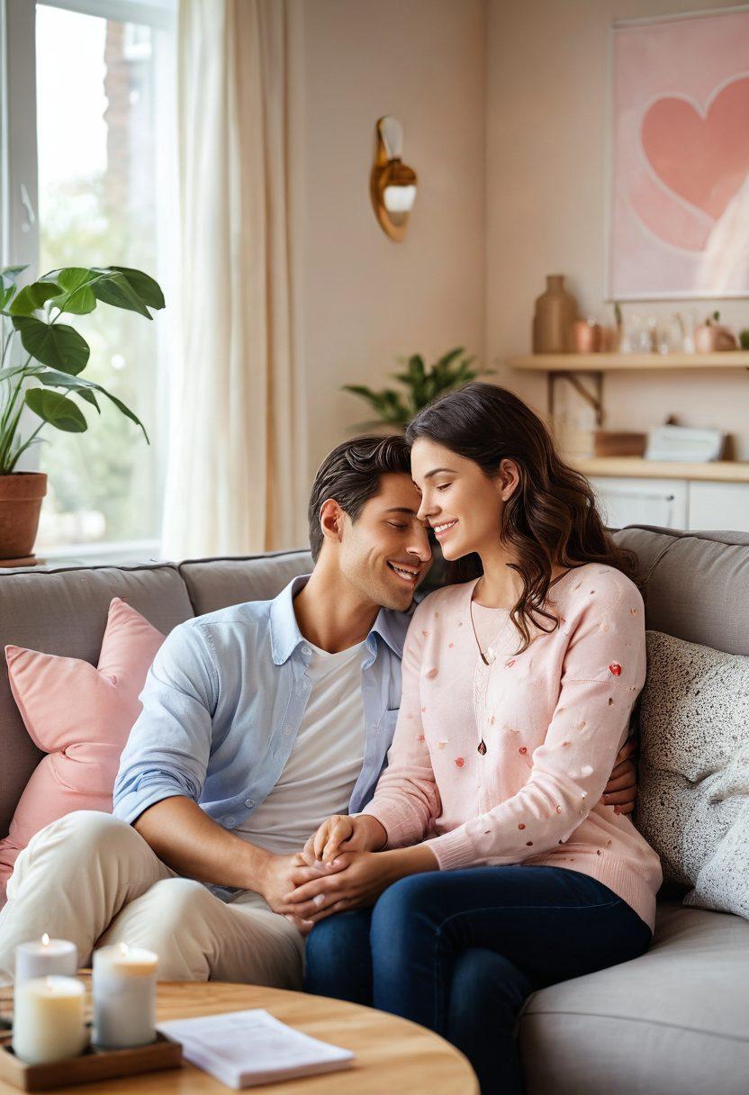 A serene couple sharing a loving moment in a cozy home setting, surrounded by symbols of financial security like a house, a heart, and insurance documents. The background illustrates a harmonious blend of affection and stability, with warm lighting creating an inviting atmosphere. Include soft, pastel colors to evoke feelings of love and protection. super-realistic. vibrant colors.
